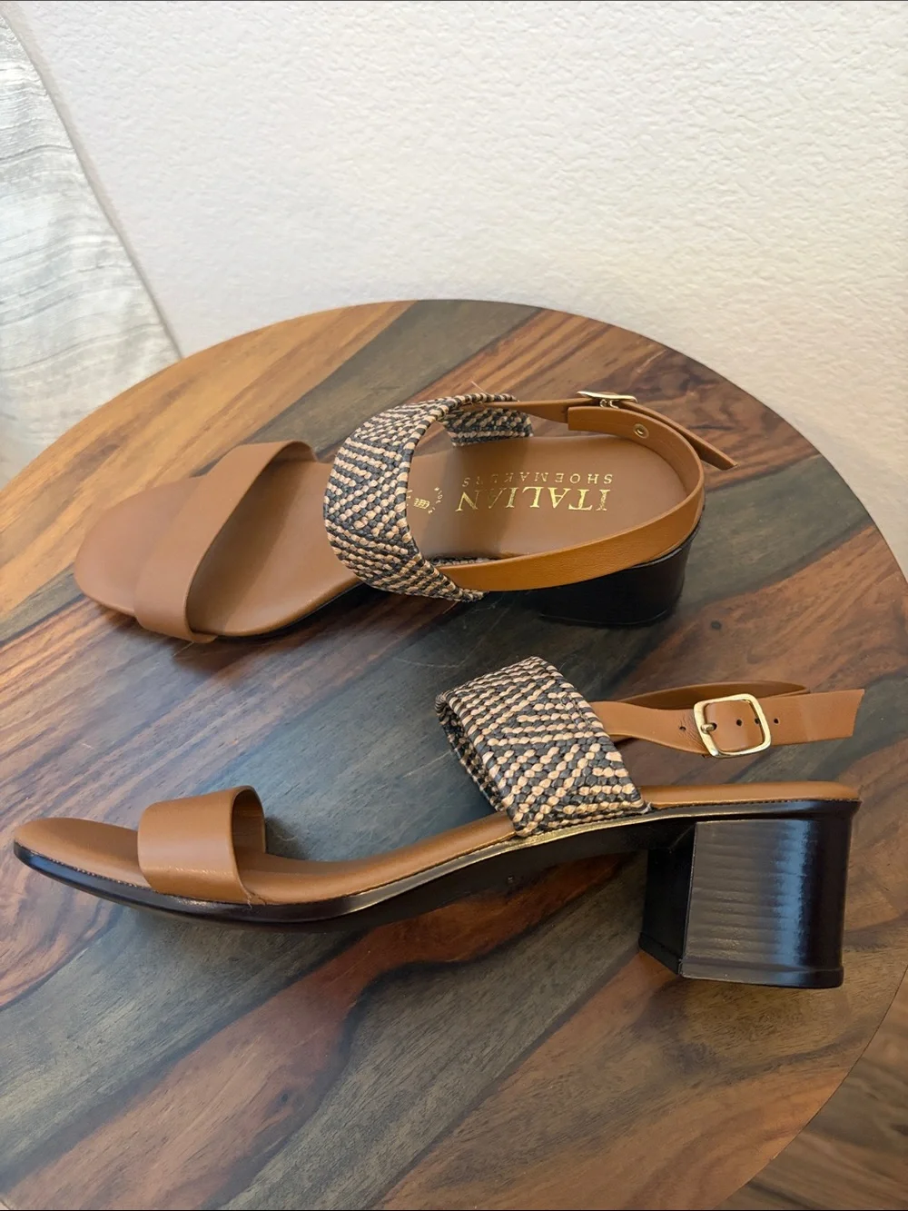 Italian Shoemakers Woven Strap Tan Leather Block Heel Sandals